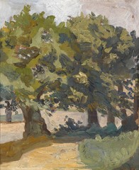 Hand painted oil painting impressionism landscape with trees in summer season