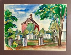 Vintage Modernist Watercolor Painting Spanish Church Buildings Mystery Artist