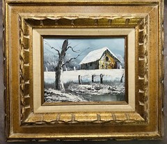 VTG Everett Woodson 1933-2016 Snowy Barn On A Creek Framed Oil on Canvas Signed