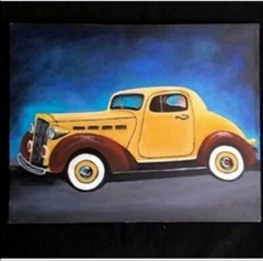 Car Old antique Painting Classic gift Yellow original artist acrylic on canvas