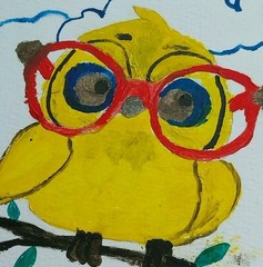 GAT Original OIL Painting BIRD In Glasses Signed 4X4 SMALL WHIMSICAL ANIMALS