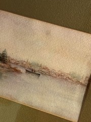 Antique Original Coastal Watercolor Seascape Nautical Landscape w/ Boat