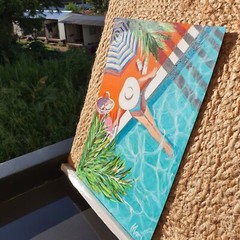 Girl Painting Tropical Palm Original Wall Art Poolside Swim Figurative Summer