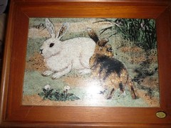 Vintage Gemstone Picture Painting of Bunnies Rabbits