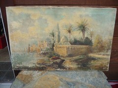 20″ X 32″ Very Old & Worn Arabic Scene Oil on Canvas S.N.D. Belmont 1926