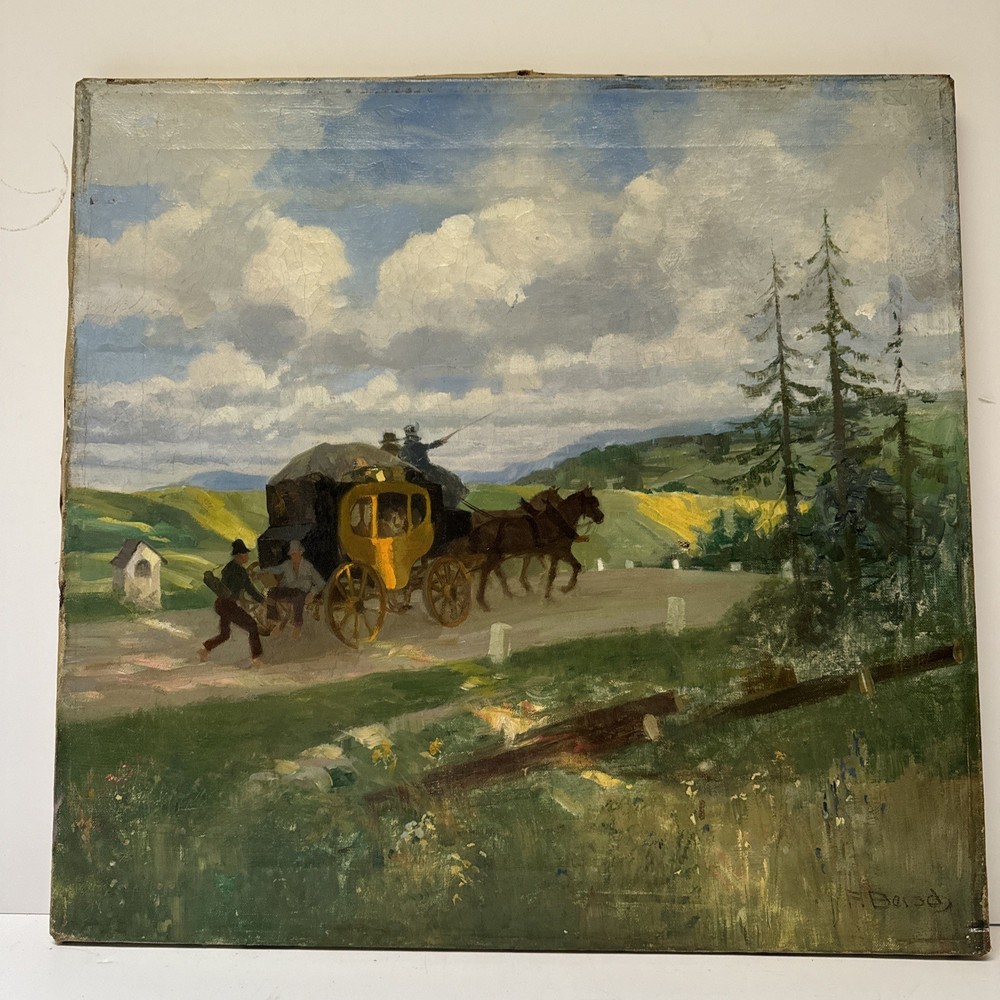 Antique Impressionist Painting Horse Carriage Landscape Mystery Oil 1910’s 22″