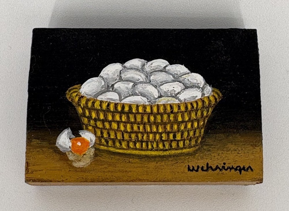 Charles Wehringer Miniature Oil Painting – Basket of Eggs Americana 20th Century