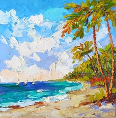 Seascape Original Oil Painting Hawaii Beach Seaside Palm Trees on Panel 10x10in