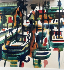 NOEL QUINN MODERNIST ABSTRACT HARBOR COASTLINE CALIFORNIA WATERCOLOR PAINTING