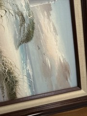 Peaceful Framed Seascape Lighthouse Beach Seagull & Dunes Painting 12.5″ X 14.5”