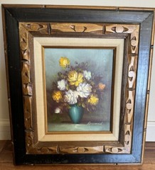 VTG 70’s Oil Panting Floral Still Life Roses Vase singed by artist MCM Retro