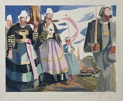 Mystery Modernist 1920s Art Deco Signed Watercolor: Bretonnes au Pardon French