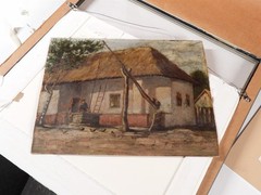 19thC. Illegibly Signed European Woman At Well W/ Chickens Landscape Painting