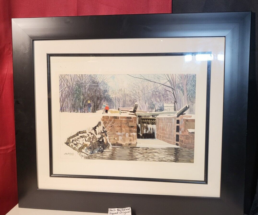 Original Winter Scene Watercolor painting by Chris Hartsfield 1990 29in x 25in