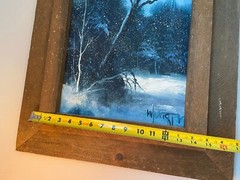 WINTER FOREST SCENE original oil on canvas Painting 15″ x 11″ 1981 + Wood Frame
