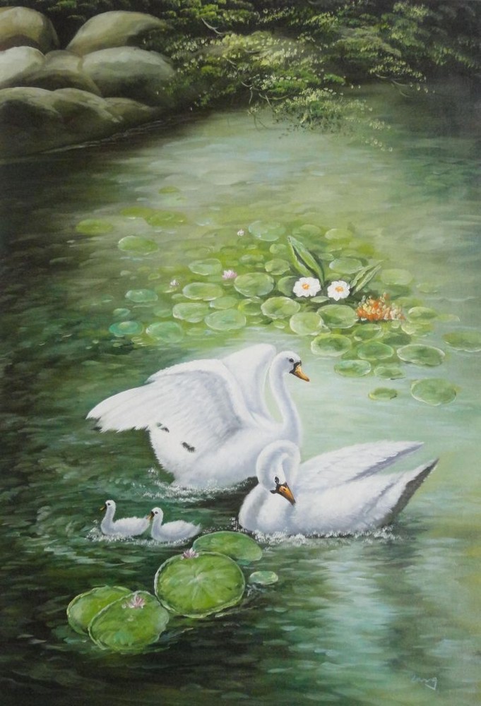 36×24 Two Adult White Swans And Two Cygnets On Spring Lotus Pond Oil Painting