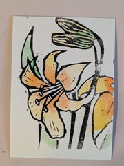 aceo original art, Print, linocut, watercolor ,floral, lily block print