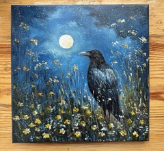 Raven Original Oil Painting Black Crow painting Crow Wall Art Bird Impasto Art