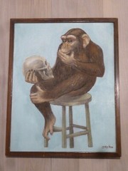 RAREST Painting influenced by Darwin’s Theory Monkey with Skull J.H.Cho Artist