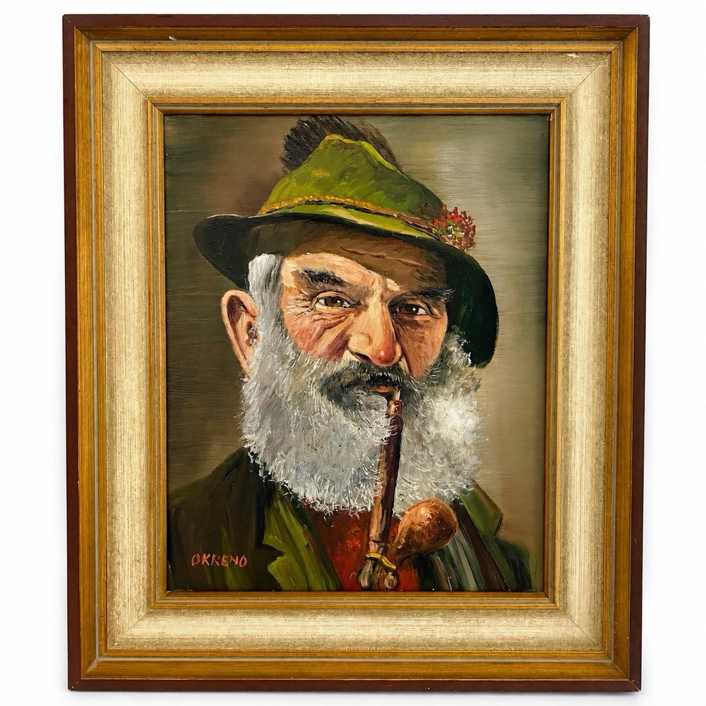 Vintage Signed Oil Portrait Bavarian Hunter Man Canvas Framed German Art