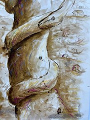 ORIGINAL WATERCOLOR SERPENT SNAKE on a TREE PAPER 11×17 By Monikachovanart