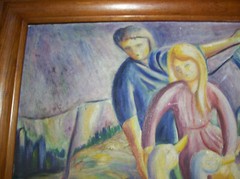 Original Oil Painting, Mother with Child Hanging Wash with Farm Ducks