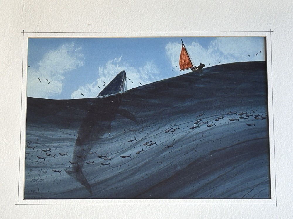 VTG Don Ferlen Original Painting Seascape Whale Sailboat Fish 12”x 15” Signed
