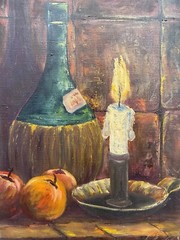Still Life With Candelabrum, Wine, And Apples, Oil Painting Signed Holm 49X39Cm