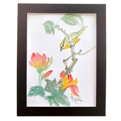 Bird on a Branch Gazing at Flowers Original Art Watercolor Painting Matted 11×14