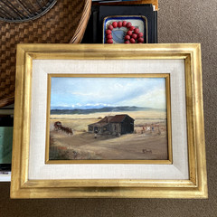 Western Landscape Oil Painting Signed Wells Fargo Stage Homestead Cabin Framed