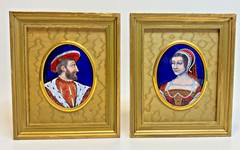 Medieval Henry VIII & Catherine French Enamel Plaque Painting Miniature Portrait