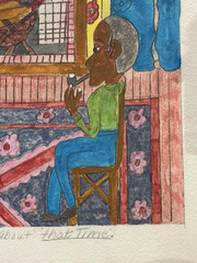 JOAN DANCE KY FOLK ARTIST FRAMED WATERCOLOR THE LAST FIRE STORY ON BACK 20″x 21″