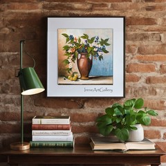 Original Oil Painting Floral Still Life Blue Berries White Blossoms Rustic Art