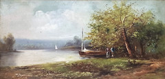 1900’s MYSTERY ARTIST ORIGINAL ANTIQUE O/C SAILBOATS LAKESCAPE FIGURES FRAMED