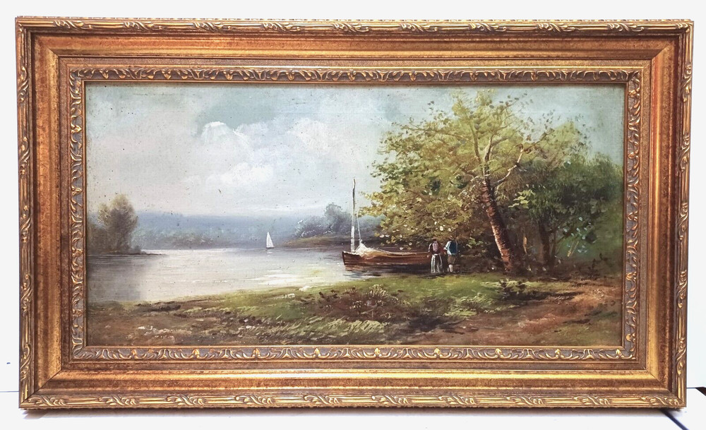 1900’s MYSTERY ARTIST ORIGINAL ANTIQUE O/C SAILBOATS LAKESCAPE FIGURES FRAMED