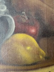 Vintage Oil Painting Still Life Pewter Pitcher Bottle Fruit Signed 1964 Framed
