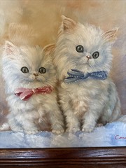 Two Persian White Kittens, Oil on Canvas, Artist Connie McVey, Wood Frame, Cat