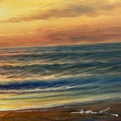 Oil Painting 20×24″ Ocean waves under sunset, seagulls flying, lighthouse