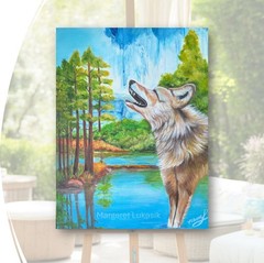 Original Howling Wolf in Woods Forest Mixed Media nature Wall Art 9×12 Signed