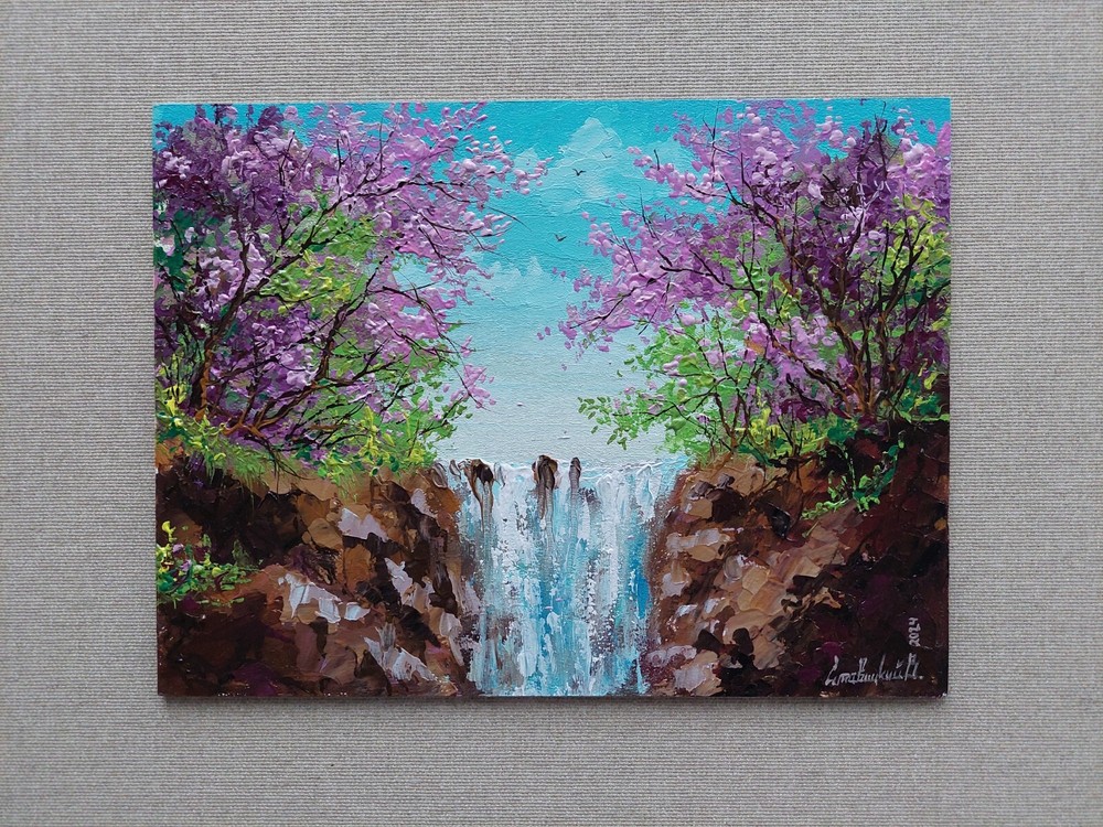 Blossoming Spring Sakura Painting. Delicate cherry branches blossom waterfall