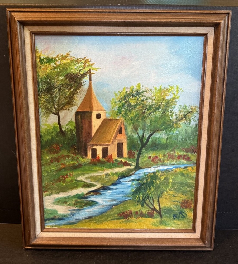 Vintage Original Oil Painting Cottage On A Creek Signed-AD See Pics 24”x20”