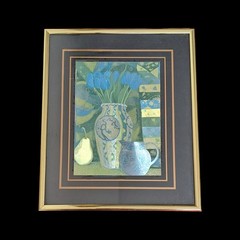 Rare and Elegant Vintage Still Life with Blue Tulips Painting