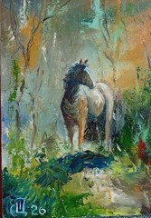 „Horse in the Forest“ painting. Oil on hardboard. 5×7 inc.Handmade. 2026.