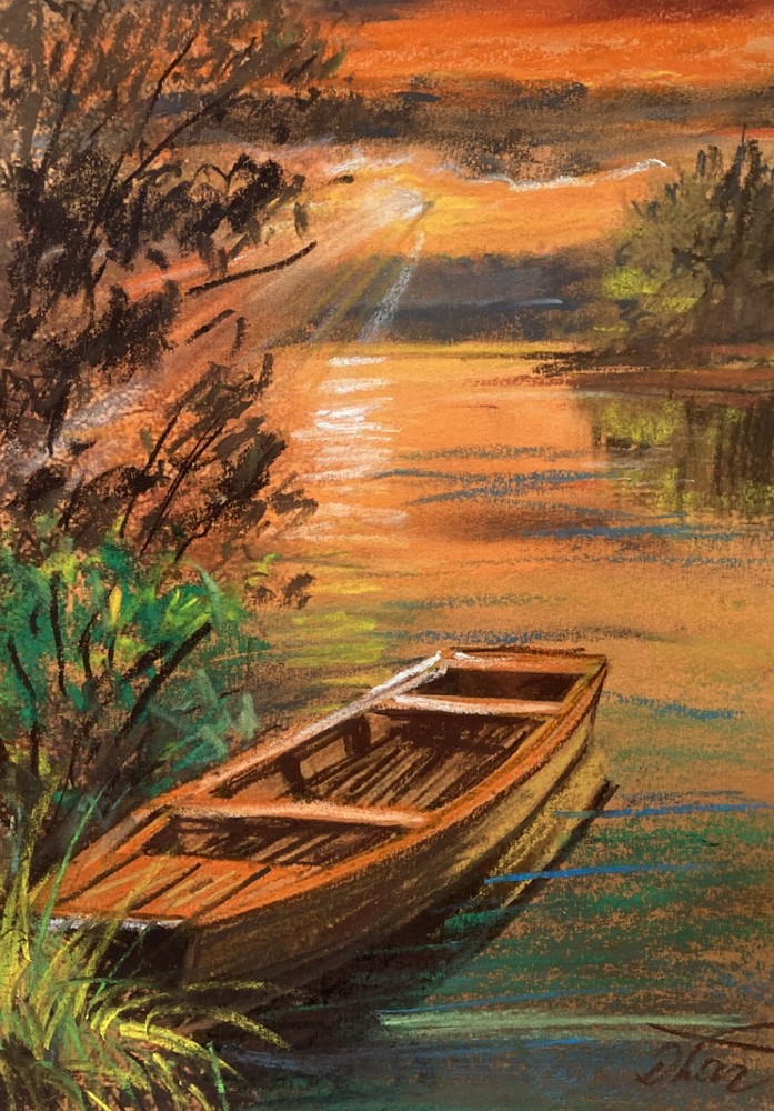 Landscape Pastel Painting Drawing Dorothy Laz sunset river boat