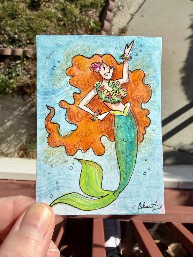 Original ACEO Hawaiian Mermaid Painting- By Dyer- Watercolor Mini Art 2.5×3.5