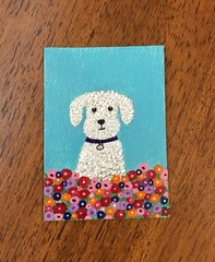 ACEO Original Acrylic Painting 2.5 x 3.5. ~ Pup In Blooms 13