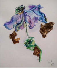 original watercolor flower with gold leaf painting signed