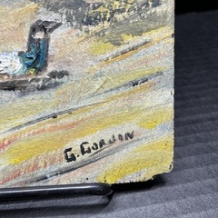 Vtg Painting On Slate Signed Dad Son & Dog Wall Hanging Primitive Decor 12 x 6″