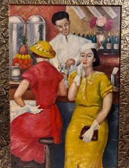 Seymour Stein, Marie Linnell, Mid Century Modernist Painting of a Cafe Scene