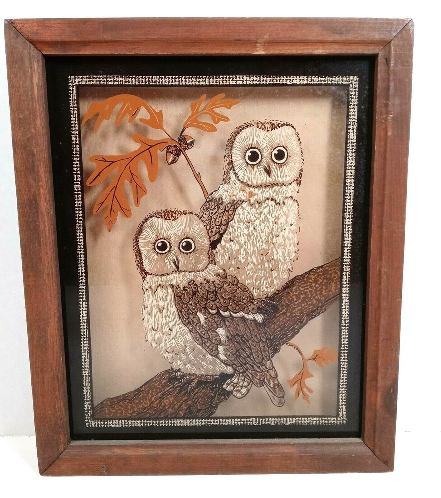Vintage Reverse Painted Glass Art Owl Tree Branch Framed Wall Decor MCM LuLus